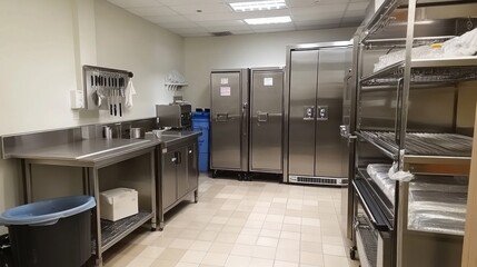 Clean commercial kitchen interior, stainless steel appliances, tile floor, food prep area, storage shelves, background