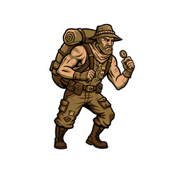 Adventurous Explorer Holding Treasure Coin and Prepared With Camping Gear