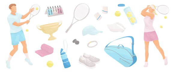 man and women in tennis uniform with tennis racket and tennis equipment set, racket, ball, shoes, bag, tennis strings, vibration dampener, towel, wristbands