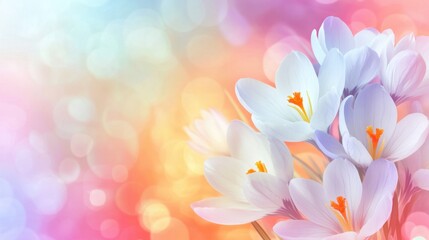 Fototapeta premium Vibrant white crocus flowers with a blurred colorful spring background.