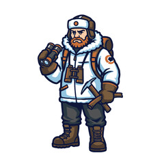 Explorer Cartoon Character in Arctic Outfit with Essential Tools