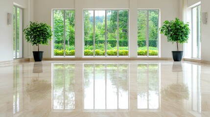 Fototapeta premium Potted green plants stand in a bright empty lobby with a polished marble floor reflecting large windows that look out onto a lush green garden.