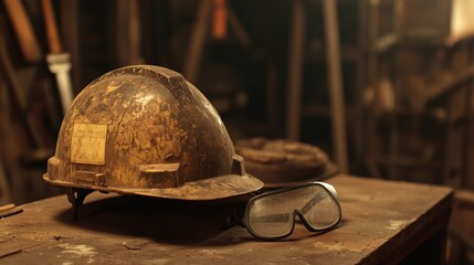 Old hard hat and goggles on workbench, dusty workshop background; safety, construction