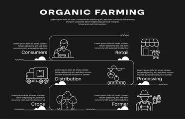 Vector infographic of organic farming lifecycle. black-white design showcasing crops, farmers, processing, distribution, retail, and consumers with editable stroke.