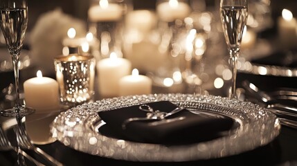 Fototapeta premium Elegant candlelit dinner table setting, romantic ambiance, luxury event