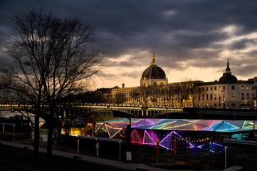 The banks of the Rh&ocirc;ne in Lyon (France) at sunset