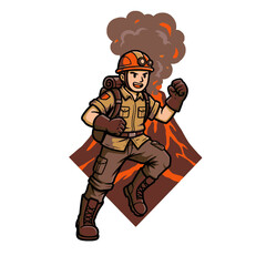 Cartoon Adventurer Standing Confidently with Volcanic Eruption in the Background