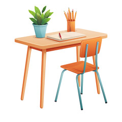 Desk with chair and plant in a minimal setting on transparent background