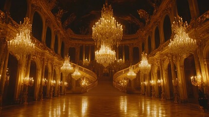 Grand Palace Hall, opulent chandeliers, staircase, golden decor, event background