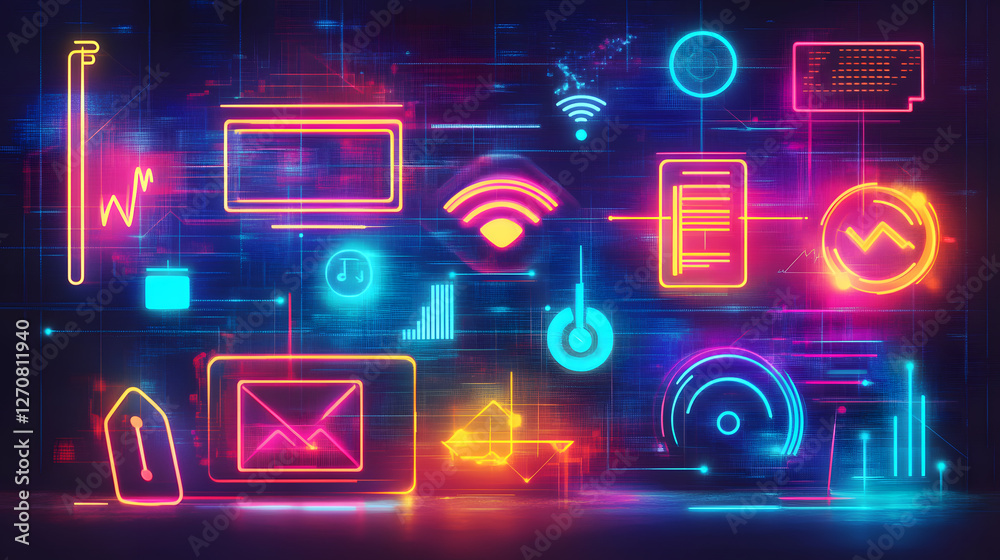 Poster digital futuristic visualization of high-tech concepts in a modern workspace colorful neon elements 
