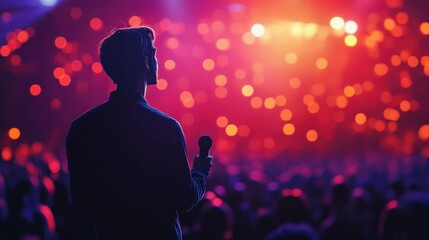Man with microphone speaking to audience at motivational event for startup founders and entrepreneurs