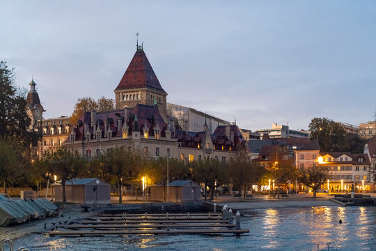 Ch�teau d'Ouchy and port in Lausanne during blue hour with Lake Geneva