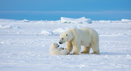 A curious polar bear cub playfully exploring a snowy terrain, with its mother watching closely nearby under a crisp, blue Arctic sky.