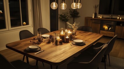 Cozy candlelit dinner table, warm home interior, evening ambiance, relaxing scene