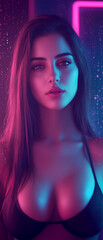 Obraz premium Woman with long hair and a black bikini top is shown in a neon pink background. The image has a bold and vibrant feel to it, with the neon pink color dominating the scene