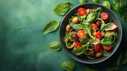 Fresh vegetable salad with pesto dressing displayed on green background