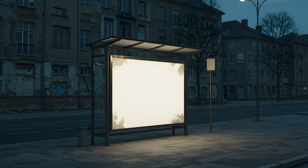 Faded blank billboard bus stop metal frame dusk lighting moody urban gritty atmosphere