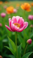 Obraz premium Delicate peony bud in full bloom amidst lush green flowers, meadow, hayward wi, flower field