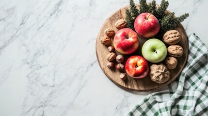 Autumn harvest apples, nuts, herbs on wooden board, marble background; food blog, recipe