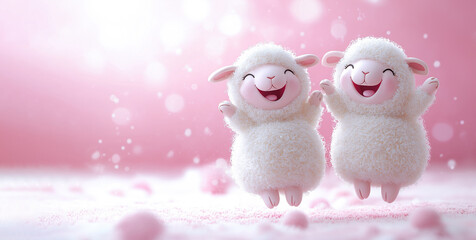 Fototapeta premium Two 3D cartoon happy sheep jumping over pink background with copy-space.