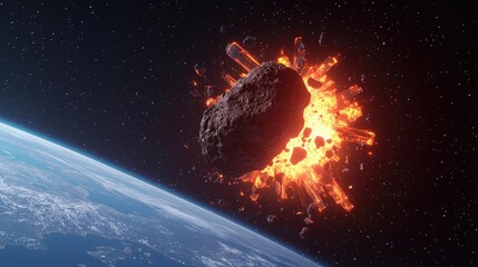 Asteroid impact concept. A stunning visual of an asteroid colliding with Earth, showcasing dramatic fire and energy.