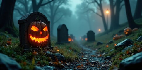 Weathered headstones under glowing jack o lanterns, haunted terrain, mossy stones