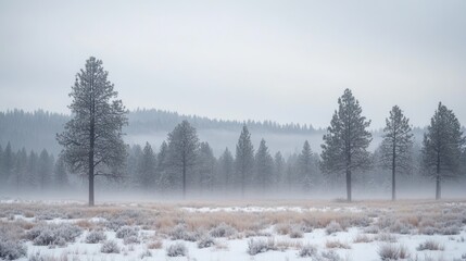 Frosty pines in foggy winter meadow