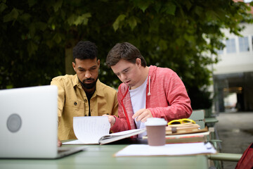 Young man with Down syndrome studyng with special educator teacher, using laptop.
