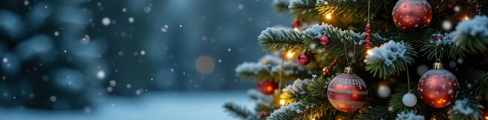 Fototapeta premium Winter snowflakes gently fall on a decorated Christmas tree, ornaments, winter