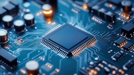 Close-Up View of Microchip on Circuit Board Illustrating Advanced Technology and Modern Electronics Design