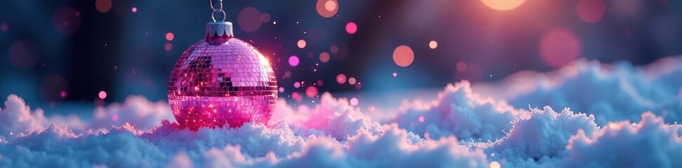 Obraz premium Sparkly pink disco ball nestled among glittering snowflakes, seasonal, holiday
