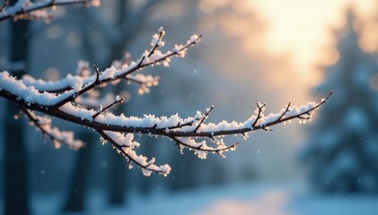 Softly falling snowflakes on a bare tree branch, tree branches, frosty morning