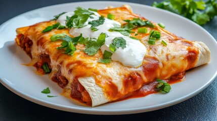 Delicious Enchiladas Topped with Sour Cream and Cilantro on a White Plate