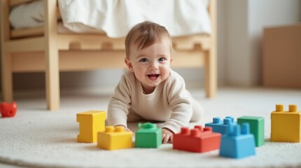 A joyful baby boy playing with colorful blocks on the floor in a nursery, representing the essence of childhood growth and childcare development.