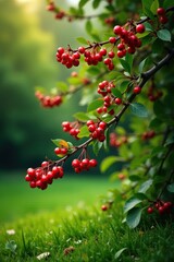 Obraz premium Rowan branches covered in red berries curve towards the ground, greenery, rowan tree