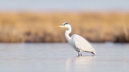Obraz premium Heron wading in shallow water, tranquil marsh background. Possible use Nature photography