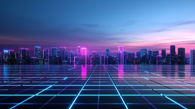 Futuristic city skyline at sunset, skyscrapers glowing in neon purples, blues, and oranges, bold sci-fi atmosphere, cinematic lighting, high-energy metropolis vibe
