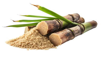 Close-up of sugarcane stalks and brown sugar against a transparent background.  The image is brightly lit, showcasing the texture of the stalks and the granulated sugar