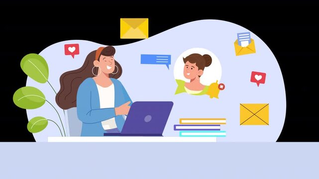 This 2D flat character animation demonstrates the use of email services, with characters engaging in activities like checking messages, responding to emails, and managing inboxes.