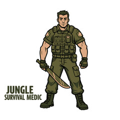 Jungle Survival Medic Character with Machete in Illustrated Military Uniform