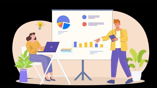 Vector character animation demonstrating the process of preparing and delivering digital presentations, focusing on crafting compelling visuals and content.