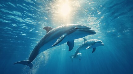 Fototapeta premium Dolphins swimming alongside a massive whale in clear blue waters during a sunny day