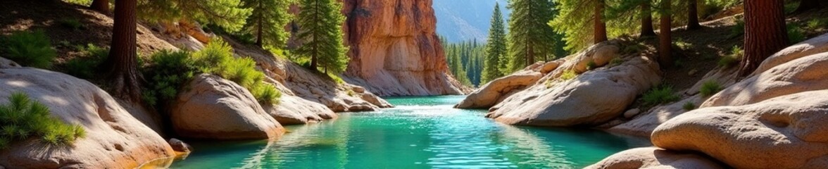 Naklejka premium Towering pine trees surround crystal clear teal stream within ancient sandstone formation, rock formations, nature, sandstone