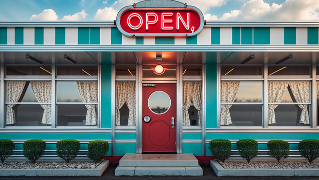Classic american diner building exterior with open sign illuminated at sunset