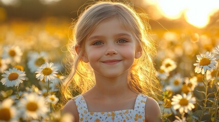 Fototapeta premium Smiling Young Girl in a Sunny Flower Field with Daisies