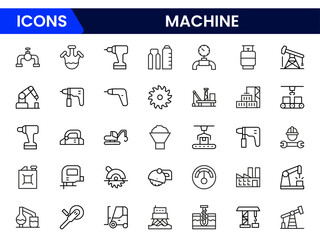Vector icon collection of factory designs, including machinery, automation, production, and industry elements in a clean style