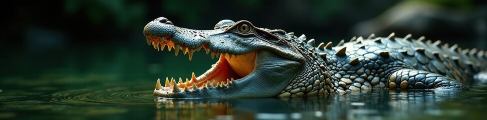 Obraz premium crocodile's powerful jaws stretched wide to reveal razor-sharp teeth and throat muscles, reptile, reptilian beast