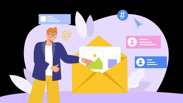 A flat scene animation illustrating how email services work, with visuals showing the process of sending, receiving, and managing emails in a digital communication environment.