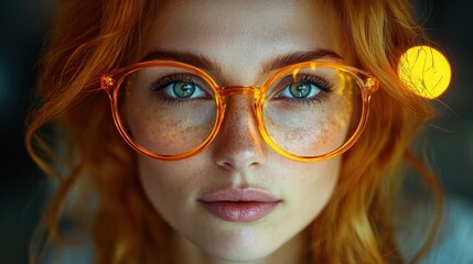 Fototapeta premium Close-Up Portrait of Young Woman with Orange Glasses and Freckles