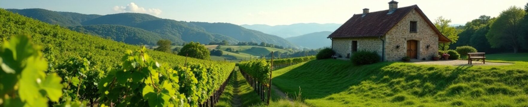 Rolling hills of vines with rustic stone farmhouse, rustic, stone